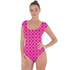 Hot Pink Quatrefoil Pattern Short Sleeve Leotard (ladies) by Zandiepants