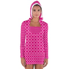 Hot Pink Quatrefoil Pattern Women s Long Sleeve Hooded T-shirt by Zandiepants