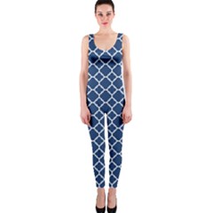 Navy Blue Quatrefoil Pattern Onepiece Catsuit by Zandiepants