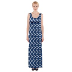 Navy Blue Quatrefoil Pattern Maxi Thigh Split Dress by Zandiepants