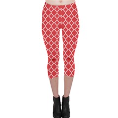 Red White Quatrefoil Classic Pattern Capri Leggings  by Zandiepants