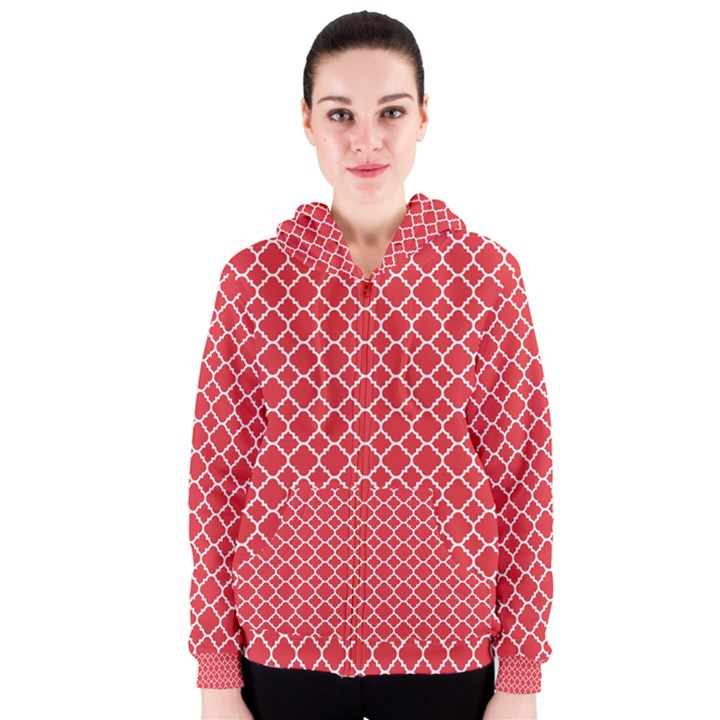 Poppy red quatrefoil pattern Women s Zipper Hoodie