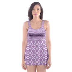 Purple Lilac White Quatrefoil Classic Pattern Skater Dress Swimsuit by Zandiepants