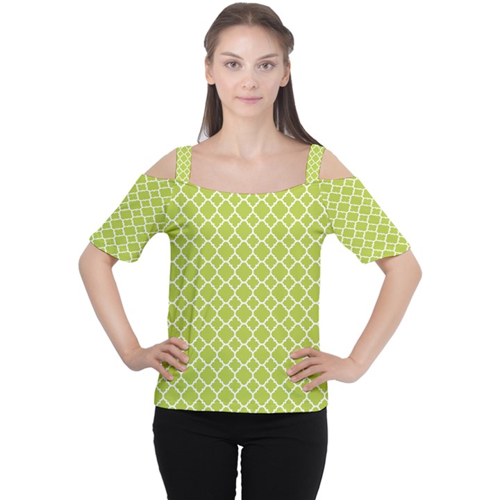 Spring green quatrefoil pattern Women s Cutout Shoulder Tee