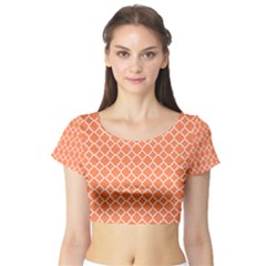 Tangerine Orange Quatrefoil Pattern Short Sleeve Crop Top (tight Fit) by Zandiepants