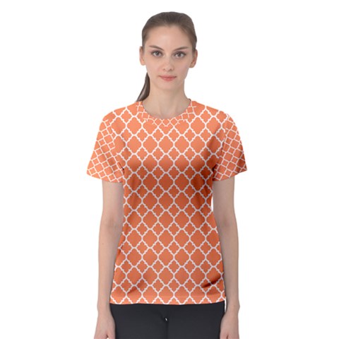 Tangerine Orange Quatrefoil Pattern Women s Sport Mesh Tee by Zandiepants