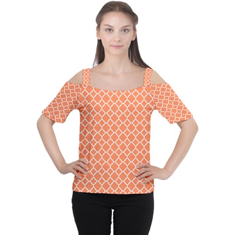 Tangerine Orange Quatrefoil Pattern Women s Cutout Shoulder Tee by Zandiepants