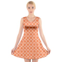 Tangerine Orange Quatrefoil Pattern V-neck Sleeveless Dress by Zandiepants