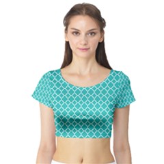 Turquoise Quatrefoil Pattern Short Sleeve Crop Top (tight Fit) by Zandiepants