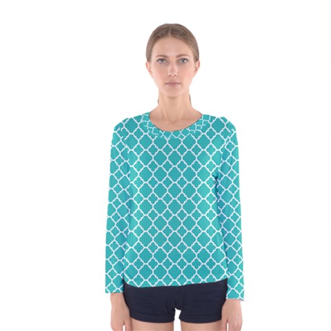 Turquoise Quatrefoil Pattern Women s Long Sleeve Tee by Zandiepants