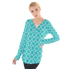 Turquoise Quatrefoil Pattern Women s Tie Up Tee by Zandiepants