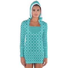 Turquoise Quatrefoil Pattern Women s Long Sleeve Hooded T-shirt by Zandiepants