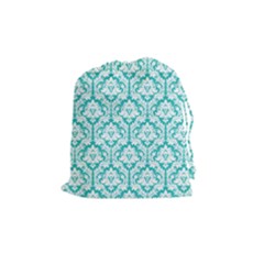 Turquoise Damask Pattern Drawstring Pouches (medium)  by Zandiepants