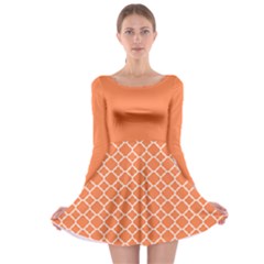 Tangerine Orange Quatrefoil Pattern Long Sleeve Skater Dress by Zandiepants