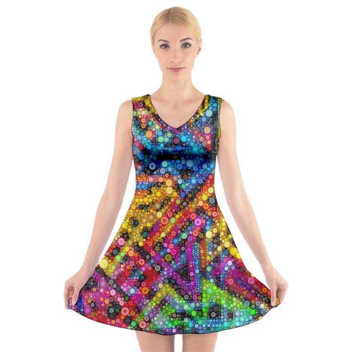 Color Play in Bubbles V-Neck Sleeveless Skater Dress