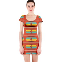 Shapes In Retro Colors Pattern                        Short Sleeve Bodycon Dress by LalyLauraFLM