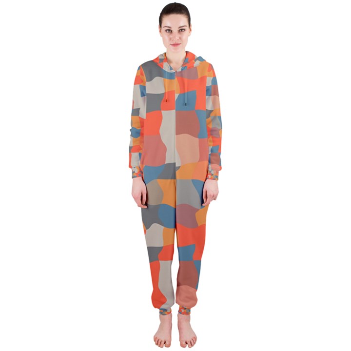 Retro colors distorted shapes                           Hooded Jumpsuit (Ladies)