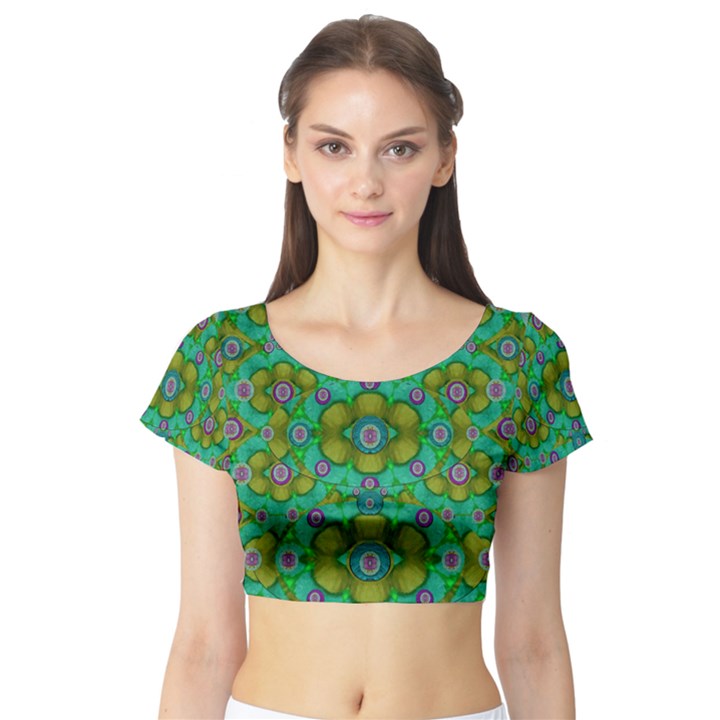 Peace Flowers In A Scandinavia Mix Of Acrylpaint Short Sleeve Crop Top (Tight Fit)