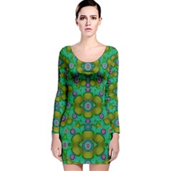 Peace Flowers In A Scandinavia Mix Of Acrylpaint Long Sleeve Velvet Bodycon Dress