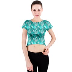 Aquamarine Geometric Triangles Pattern Crew Neck Crop Top by KirstenStar