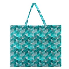 Aquamarine Geometric Triangles Pattern Zipper Large Tote Bag