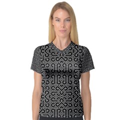 Black And White Ethnic Sharp Geometric  Print Women s V-neck Sport Mesh Tee