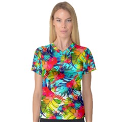 Watercolor Tropical Leaves Pattern Women s V-neck Sport Mesh Tee