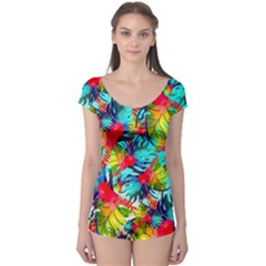 Watercolor Tropical Leaves Pattern Boyleg Leotard (ladies)