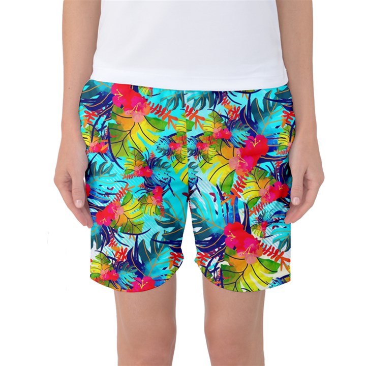 Watercolor Tropical Leaves Pattern Women s Basketball Shorts