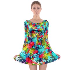 Watercolor Tropical Leaves Pattern Long Sleeve Skater Dress