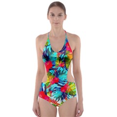 Watercolor Tropical Leaves Pattern Cut-out One Piece Swimsuit