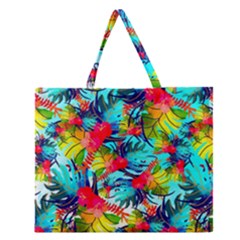 Watercolor Tropical Leaves Pattern Zipper Large Tote Bag