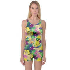 Tropical Flowers And Leaves Background One Piece Boyleg Swimsuit