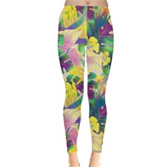 Tropical Flowers And Leaves Background Leggings  by TastefulDesigns