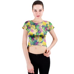 Tropical Flowers And Leaves Background Crew Neck Crop Top by TastefulDesigns