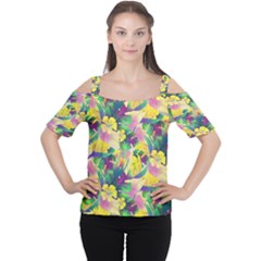 Tropical Flowers And Leaves Background Women s Cutout Shoulder Tee