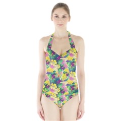 Tropical Flowers And Leaves Background Women s Halter One Piece Swimsuit