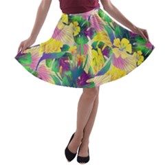 Tropical Flowers And Leaves Background A-line Skater Skirt