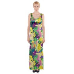 Tropical Flowers And Leaves Background Maxi Thigh Split Dress