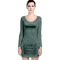 Whimsical Feather Pattern, Forest Green Long Sleeve Bodycon Dress