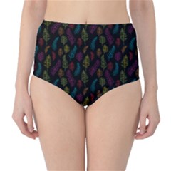 Whimsical Feather Pattern, Bright Pink Red Blue Green Yellow, High-waist Bikini Bottoms