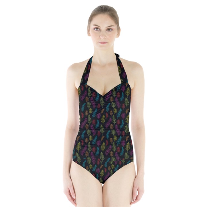 Whimsical Feather Pattern, Bright Pink Red Blue Green Yellow, Women s Halter One Piece Swimsuit