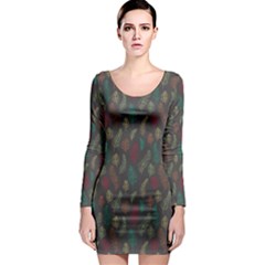 Whimsical Feather Pattern, Autumn Colors, Long Sleeve Bodycon Dress