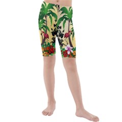 Tropical Design With Flamingo And Palm Tree Kid s Mid Length Swim Shorts by FantasyWorld7