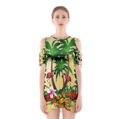 Tropical Design With Flamingo And Palm Tree Cutout Shoulder Dress