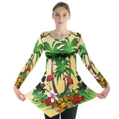 Tropical Design With Flamingo And Palm Tree Long Sleeve Tunic 