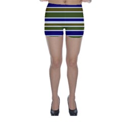 Olive Green Blue Stripes Pattern Skinny Shorts