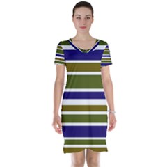 Olive Green Blue Stripes Pattern Short Sleeve Nightdress