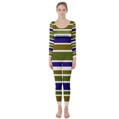 Olive Green Blue Stripes Pattern Long Sleeve Catsuit