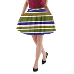 Olive Green Blue Stripes Pattern A-line Pocket Skirt